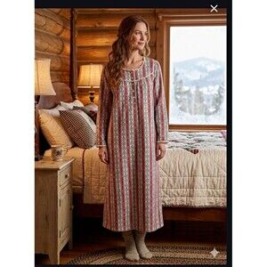 Vintage Lanz of Salzburg Tyrolean Flannel Nightgown Size L White Red and Blue